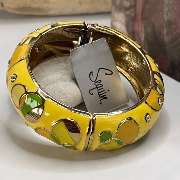 Yellow & Green  Enamel Geometric Pattern Accented with Clear Crystals in Gold Hi - Picture 8 of 11